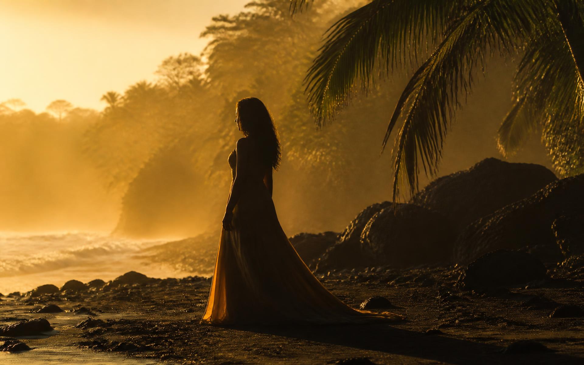 Sunset photo session in Costa Rica: woman in a golden dress on the ocean shore
